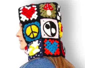 Colourful Granny Square Balaclava, Cotton Knit Balaclava Hoodie Hat,Popart Style,Gifts for her, Crochet Ski Mask, Christmas Gift