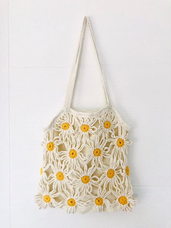 Obag Basket Bolso De Playa De Ganchillo Beige Con Lazos Rosas