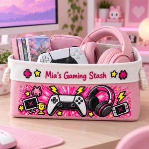 Personalized Pink Gaming Basket, Custom Name Gamer Storage Bin, Controller and Headset Organizer, Girl Bedroom Decor, Teen Birthday Gift
