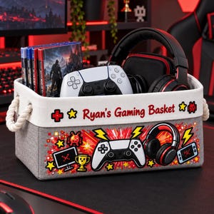 Custom Gamer Storage Basket with Name, Personalized Gaming Accessories Organizer, Red Controller Toy Bin, Teen Boy Birthday Gift, Room Decor