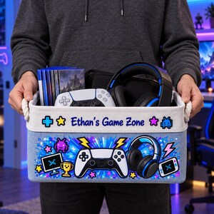 Personalized Blue Gamer Basket, Custom Name Gaming Storage, Controller Organizer Bin, Video Game Room Decor, Birthday Gift for Teen Gamers