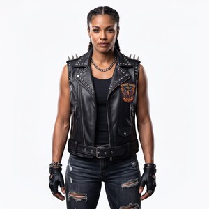 Women's Studded Black Leather Biker Vest Featuring Midnight Ravens Phoenix Back Patch Design