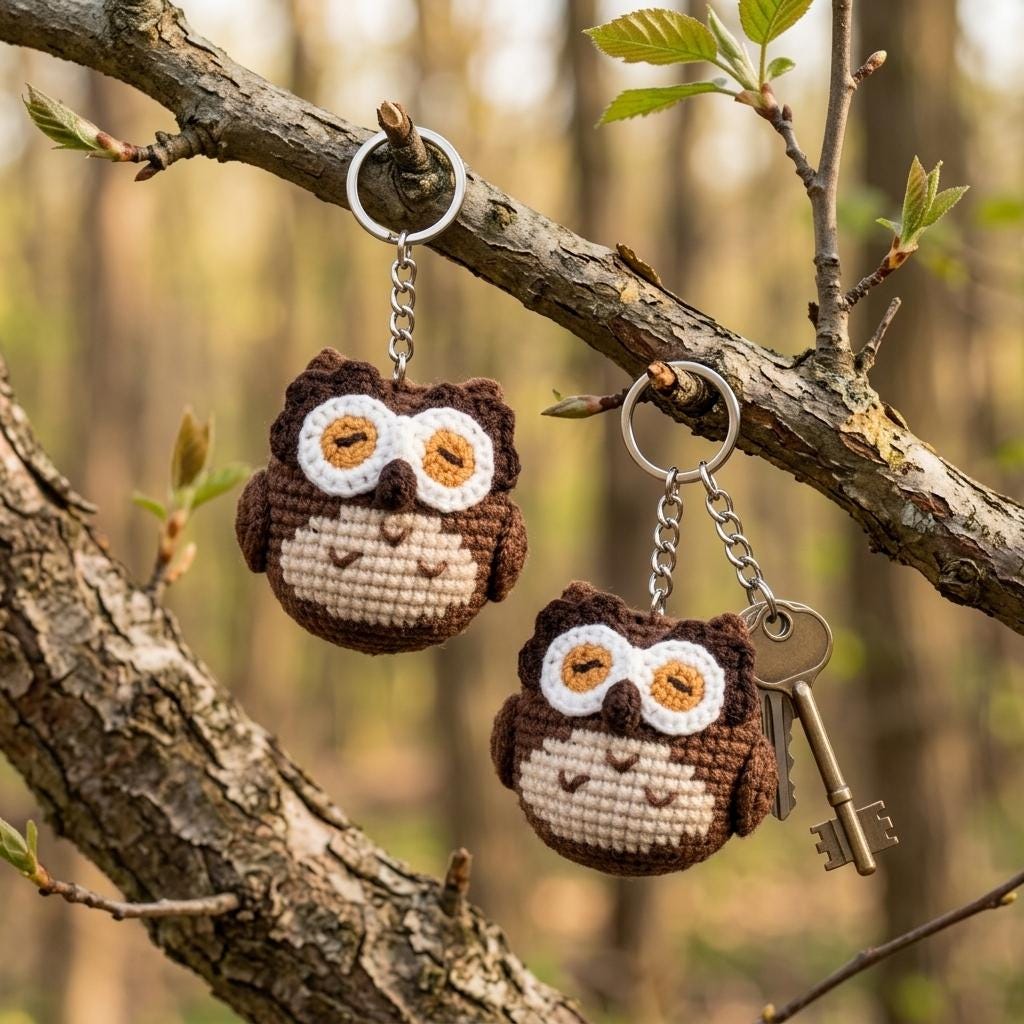 Initial Handmade Crochet Owl Keychain, Owl Plushies Keyring, Mini Bird Bag Charm, Unique Gift for Ow