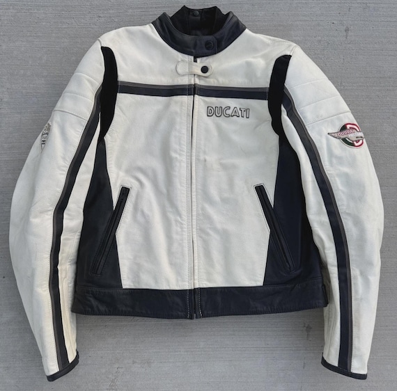 Ducati - 古着 Ducati デゥカティ ライダース ジャケット レザー オフホワイト Ducati Style Leather Racing Jacket Men Cafe Racer Motorcycle