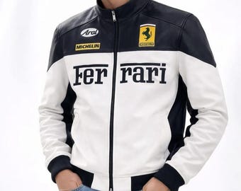 Ferrari Racing Leather Jacket MotoGP Style Biker Jacket Cafe Racer Jacket Streetwear Motorcycle Jacket Genuine Cowhide Leather Coat Gift Him
