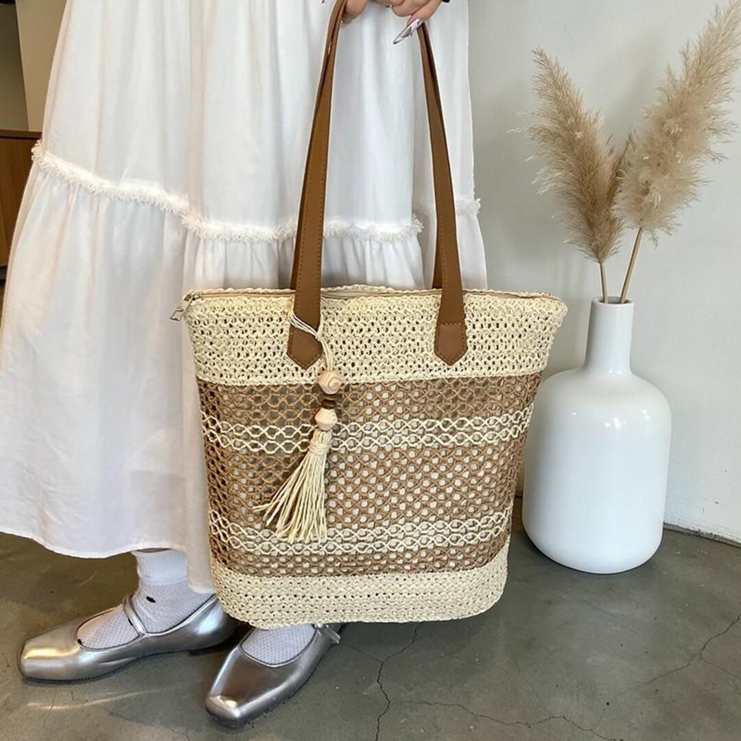 Boho Straw Beach Tote – Handmade Rattan Shoulder Bag, Large Capacity ...