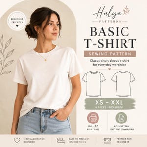 Puede incluir: Una mujer con una camiseta blanca y vaqueros azules. La imagen es un anuncio de un patrón de costura para una camiseta básica, con el texto "Basic T-Shirt Sewing Pattern" y "XS - XXL 6 tallas incluidas".