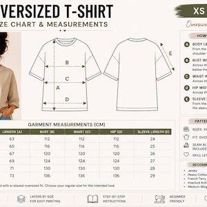 May include: An oversized t-shirt pattern size chart and measurements are displayed. The chart includes body length, bust width, waist width, hip width, and sleeve length in centimeters. The pattern is designed for sizes XS to XXL.