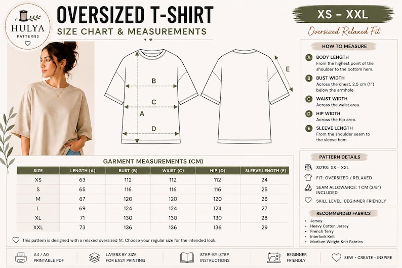 May include: An oversized t-shirt pattern size chart and measurements are displayed. The chart includes body length, bust width, waist width, hip width, and sleeve length in centimeters. The pattern is designed for sizes XS to XXL.