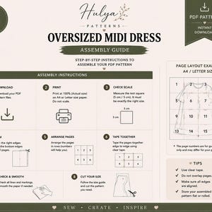 May include: An assembly guide for an oversized midi dress PDF pattern by Hulya Patterns. The document features eight numbered steps for printing, trimming, and taping pages together, including a 5 cm by 5 cm test square and a 16-page layout example.