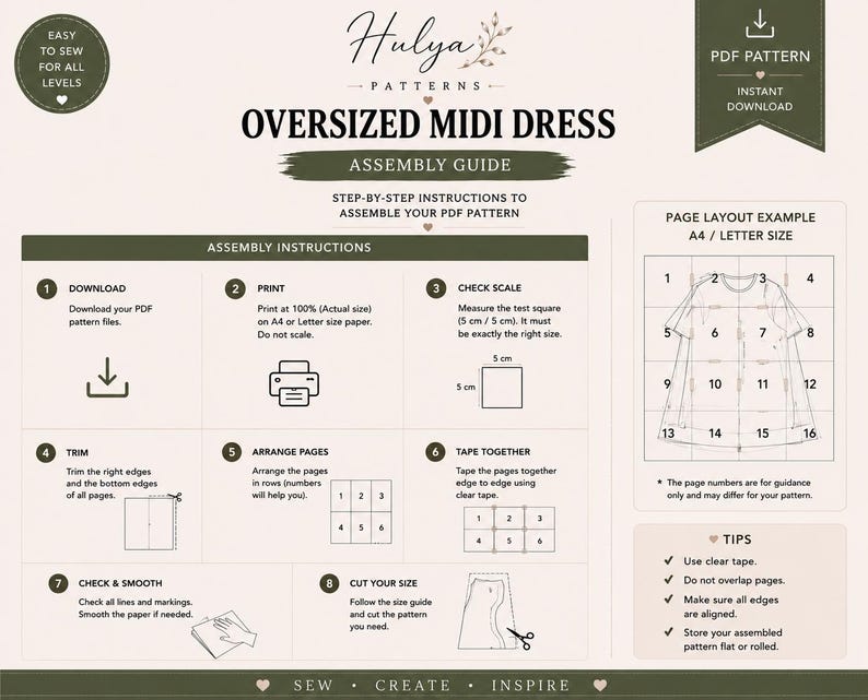 May include: An assembly guide for an oversized midi dress PDF pattern by Hulya Patterns. The document features eight numbered steps for printing, trimming, and taping pages together, including a 5 cm by 5 cm test square and a 16-page layout example.