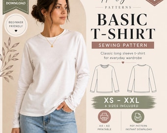Naaipatroon T-shirt met lange mouwen pdf, dames T-shirt patroon XS-XXL, eenvoudig naaipatroon voor beginners, direct downloaden, A4 A0