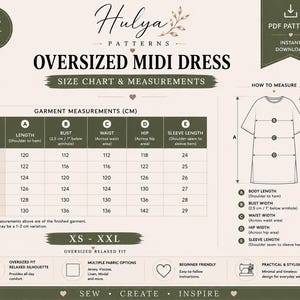 May include: A digital PDF sewing pattern for an oversized midi dress by Hulya Patterns. The image displays a size chart with measurements in centimeters for sizes XS to XXL, a diagram showing how to measure the garment, and icons for fabric options.
