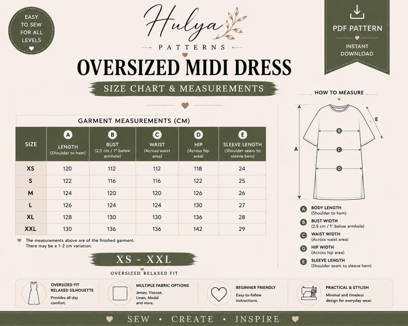 May include: A digital PDF sewing pattern for an oversized midi dress by Hulya Patterns. The image displays a size chart with measurements in centimeters for sizes XS to XXL, a diagram showing how to measure the garment, and icons for fabric options.