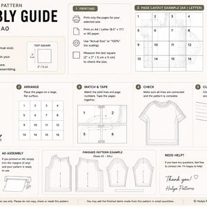 May include: Assembly guide for an oversized t-shirt pattern. Instructions include printing, page layout, trimming, arranging, matching, taping, checking, and cutting. Features a test square and size guide. The guide is for A4/Letter & A0 paper sizes.