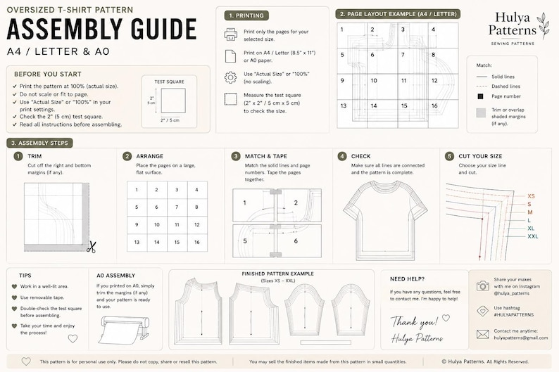 May include: Assembly guide for an oversized t-shirt pattern. Instructions include printing, page layout, trimming, arranging, matching, taping, checking, and cutting. Features a test square and size guide. The guide is for A4/Letter & A0 paper sizes.