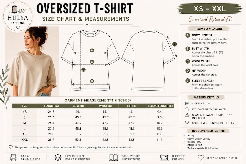 May include: An oversized t-shirt size chart with measurements in inches. The chart includes sizes XS to XXL, with measurements for length, bust, waist, hip, and sleeve length. The image also shows a woman wearing the t-shirt.
