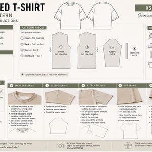 May include: An instructional sewing pattern for an oversized T-shirt, featuring step-by-step instructions and diagrams. Includes fabric recommendations, pattern pieces, and sewing tips. The text reads "Oversized T-shirt Sewing Pattern".