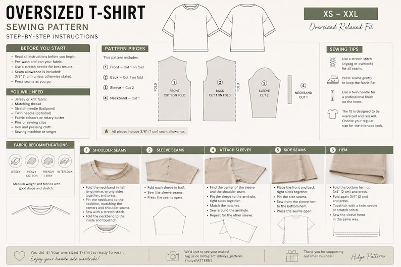 May include: An instructional sewing pattern for an oversized T-shirt, featuring step-by-step instructions and diagrams. Includes fabric recommendations, pattern pieces, and sewing tips. The text reads "Oversized T-shirt Sewing Pattern".