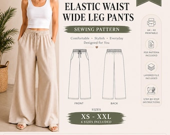 Elastische taille wijde pijpen broek naaipatroon pdf, Palazzo-broekpatroon, naaipatroon voor beginners, afdrukbaar A4 A0, XS-XXL