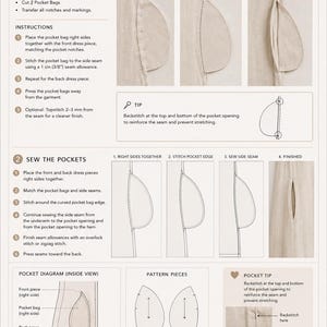 May include: An instructional sewing guide titled Oversized Midi Dress Sewing Instructions Side Seam Pocket. It features numbered steps, diagrams, and text explaining how to prepare and sew pocket bags with a 1 cm or 3/8 inch seam allowance.