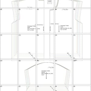 May include: A PDF sewing pattern for an oversized T-shirt. The pattern includes various sizes from XS to XXL. The image shows different pattern pieces with labels and instructions. The pattern includes seam allowances and is available at www.hulyapatterns.com.