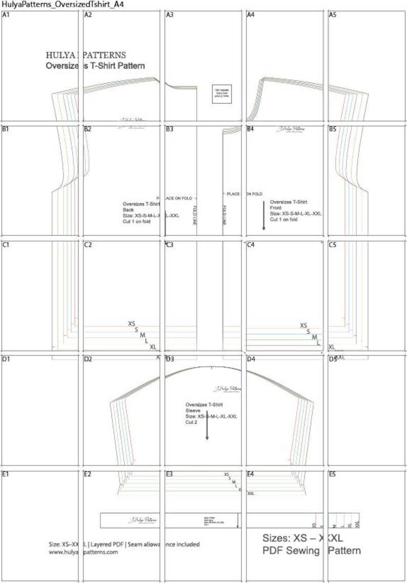May include: A PDF sewing pattern for an oversized T-shirt. The pattern includes various sizes from XS to XXL. The image shows different pattern pieces with labels and instructions. The pattern includes seam allowances and is available at www.hulyapatterns.com.