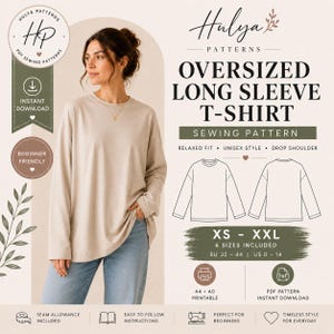 以下が含まれることがあります： ベージュのオーバーサイズの長袖Tシャツを着た女性。この画像は、ソーイングパターンの広告で、「Oversized Long Sleeve T-Shirt」と「Beginner Friendly」というテキストが表示されています。パターンにはXS-XXLサイズが含まれています。