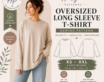 Naaipatroon oversized T-shirt met lange mouwen | Pdf-patroon met relaxte pasvorm | A4 A0 Ons Brief | XS-XXL | Digitale download
