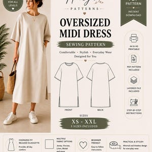 May include: A digital sewing pattern for an oversized midi dress by Hulya Patterns. The document includes technical line drawings of the front and back of the dress, size range XS to XXL, and icons indicating PDF format, A4 and A0 printability.
