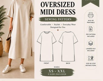 Oversized midi-jurk naaipatroon pdf, relaxte jurk, XS-Xxl, A4 A0 Us Letter, digitale download