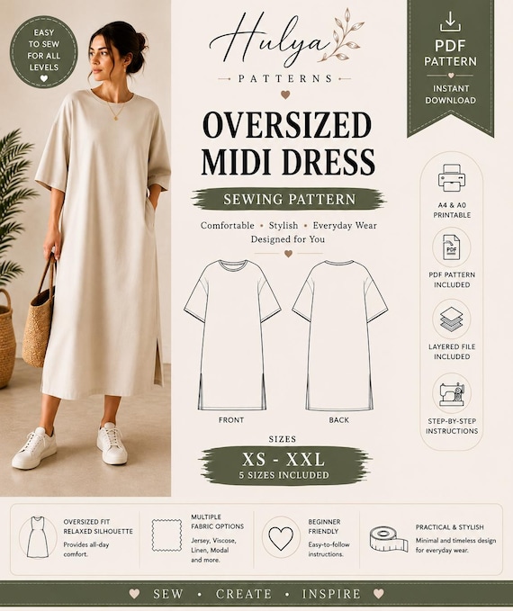 Oversized Midi Dress Sewing Pattern Pdf, Relaxed Fit Dress, Xs-Xxl, A4 A0 Us Letter, Digital Download