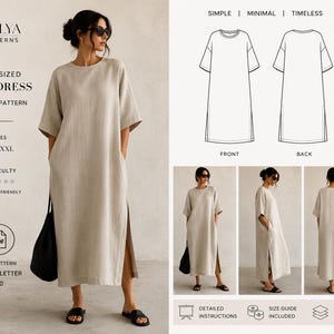 May include: A beige oversized midi dress sewing pattern by Hulya Patterns. The design features a round neckline, short sleeves, and side slits. The image includes technical line drawings of the front and back, size range XS-XXL, and PDF format.