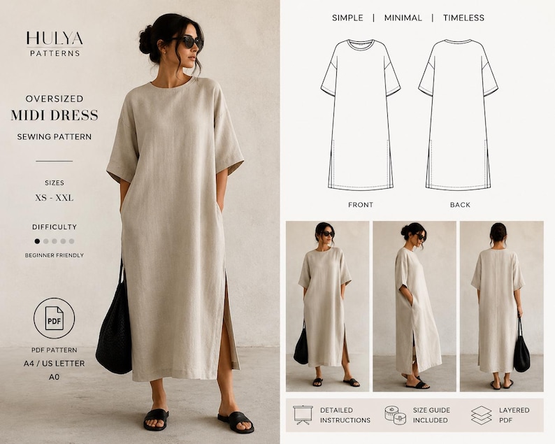 May include: A beige oversized midi dress sewing pattern by Hulya Patterns. The design features a round neckline, short sleeves, and side slits. The image includes technical line drawings of the front and back, size range XS-XXL, and PDF format.