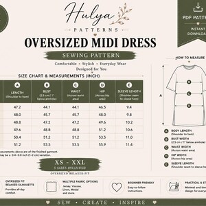 May include: A digital sewing pattern for an oversized midi dress by Hulya Patterns. The document includes a size chart with measurements in inches for sizes XS to XXL, a diagram illustrating how to measure the garment, and fabric recommendations.
