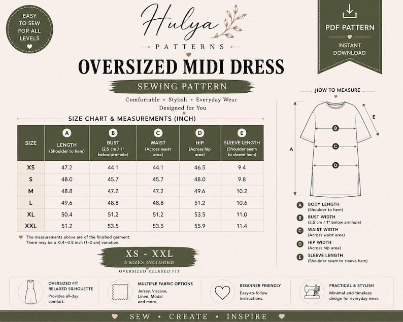 May include: A digital sewing pattern for an oversized midi dress by Hulya Patterns. The document includes a size chart with measurements in inches for sizes XS to XXL, a diagram illustrating how to measure the garment, and fabric recommendations.