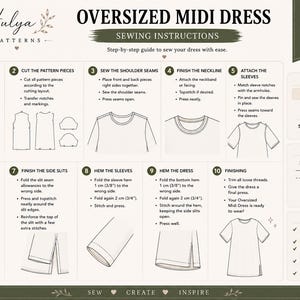May include: A digital sewing instruction guide for an oversized midi dress by Hulya Patterns. The document features ten numbered steps with line drawings illustrating fabric preparation, cutting, sewing seams, finishing necklines, and hemming.