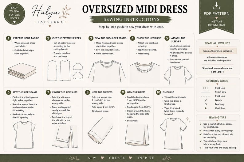 May include: A digital sewing instruction guide for an oversized midi dress by Hulya Patterns. The document features ten numbered steps with line drawings illustrating fabric preparation, cutting, sewing seams, finishing necklines, and hemming.