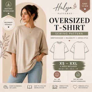 Puede incluir: Una mujer con una camiseta beige de gran tamaño. La imagen incluye el texto "Patrón de costura de camiseta oversize" y "XS - XXL". El patrón es apto para principiantes e incluye instrucciones fáciles de seguir.