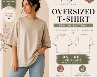 Naaipatroon oversized T-shirt pdf | T-shirt met hangende schouders | Afdrukbaar A4 A0 | XS-XXL | Geschikt voor beginners
