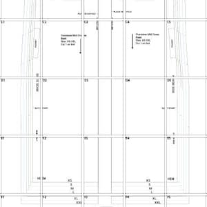 May include: A digital sewing pattern for an oversized midi dress, presented as a grid layout on a white background. The document includes labeled pattern pieces for the front, back, sleeves, and pockets, with size markings ranging from XS to XXL.