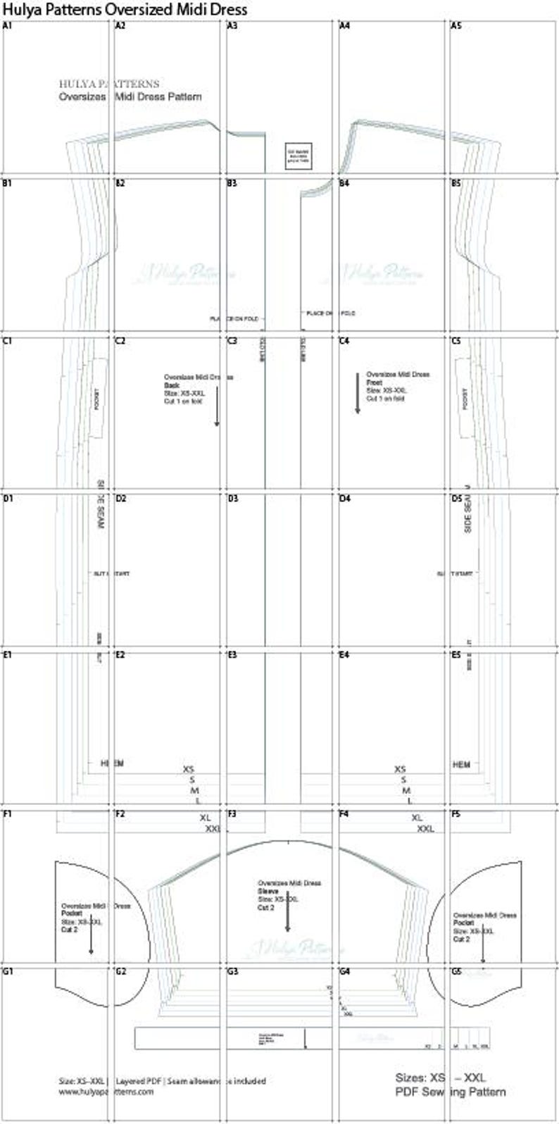 May include: A digital sewing pattern for an oversized midi dress, presented as a grid layout on a white background. The document includes labeled pattern pieces for the front, back, sleeves, and pockets, with size markings ranging from XS to XXL.