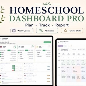 May include: A digital homeschool dashboard pro interface displayed on a computer monitor, tablet, and smartphone. The screen shows text including Homeschool Dashboard Pro, Plan, Track, Report, Weekly Lessons, Attendance, and Grades & GPA.