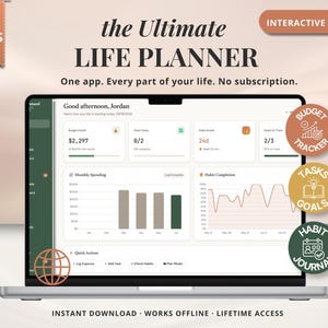 May include: A laptop screen displaying a digital life planner interface with a dashboard showing budget health, tasks, and habit tracking. The screen features text including "the Ultimate LIFE PLANNER" and "18 TABS" with circular icons.