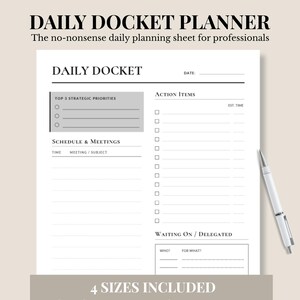 Professional Daily Docket Planner, Meeting Schedule, Action Items (Digital Download)