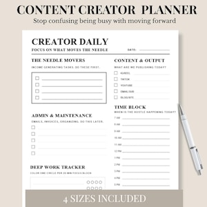 Content Creator Daily Planner, Social Media Productivity Tracker (Digital Download)