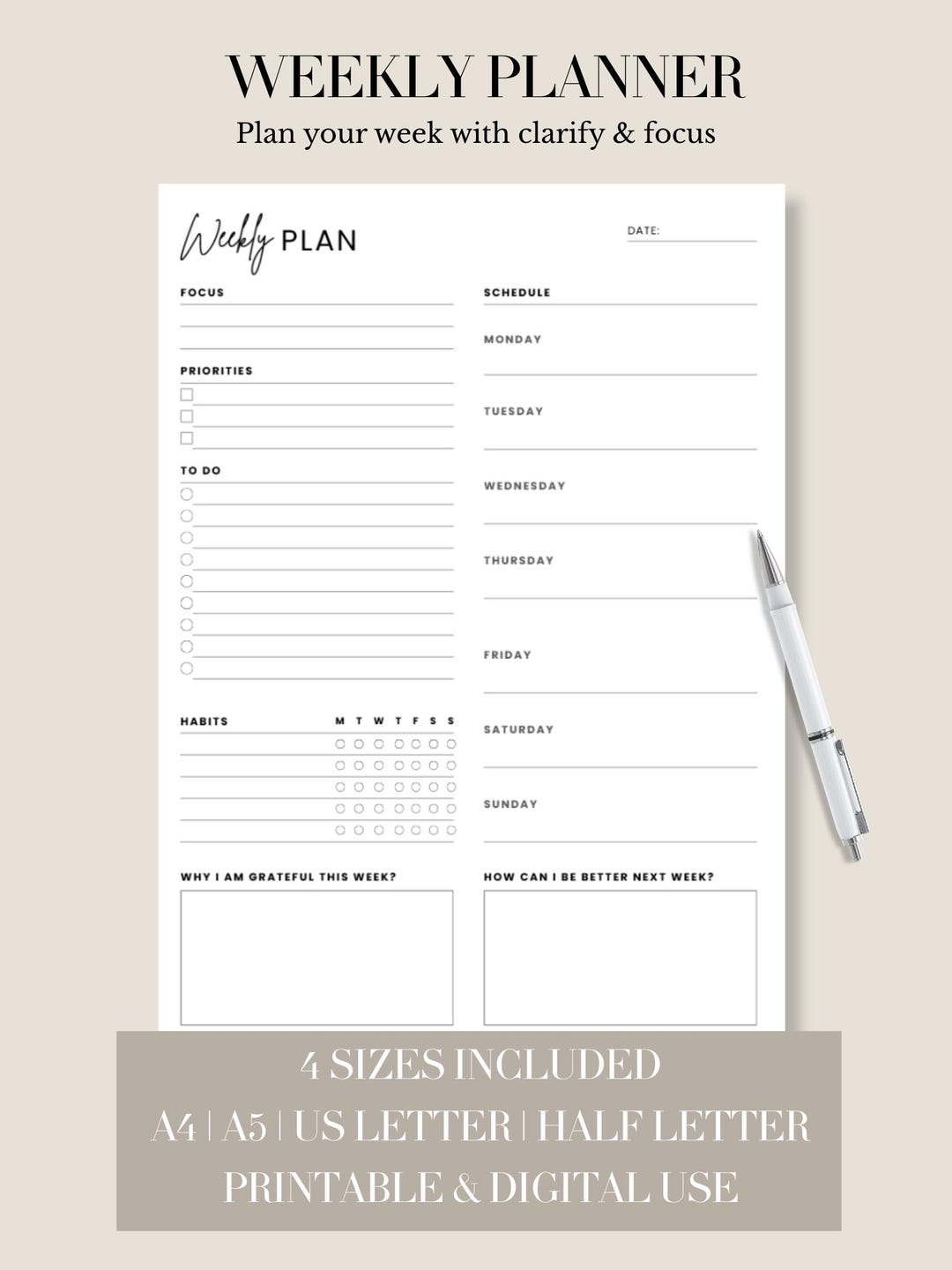 Minimalist Weekly Planner Printable | Weekly Schedule & Habit Tracker ...