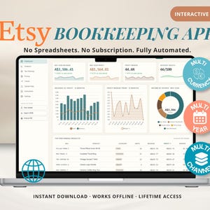 May include: A laptop screen displays an Etsy bookkeeping app interface. The app features financial data visualizations, including charts and graphs. Text on the screen reads "Etsy BOOKKEEPING APP" and "No Spreadsheets. No Subscription. Fully Automated."