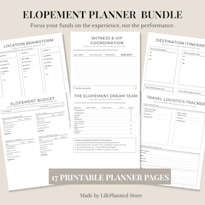 Op de afbeelding: Een verzameling afdrukbare pagina's voor een trouwplanner. De pagina's bevatten secties voor locatie brainstorming, getuige en VIP coördinatie, bestemmingsroute, trouwbudget, het trouwdroomteam en reislogistiek tracker. De tekst "ELOPEMENT PLANNER BUNDLE" staat bovenaan.