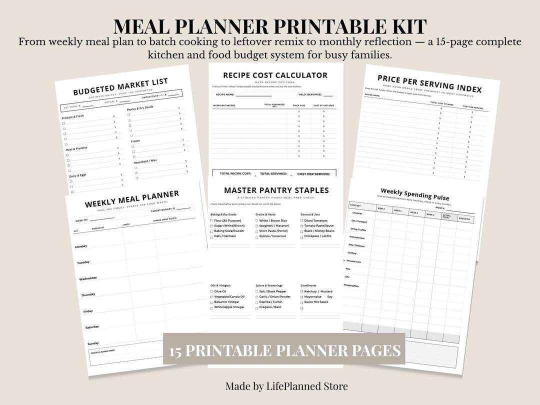 Meal Planner Printable Kit, Weekly Budget Grocery Batch Cooking (PDF ...